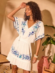 Love & Roses White Embroidred Shirred Waist Kaftan - Image 1 of 4