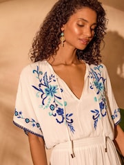 Love & Roses White Embroidred Shirred Waist Kaftan - Image 2 of 4