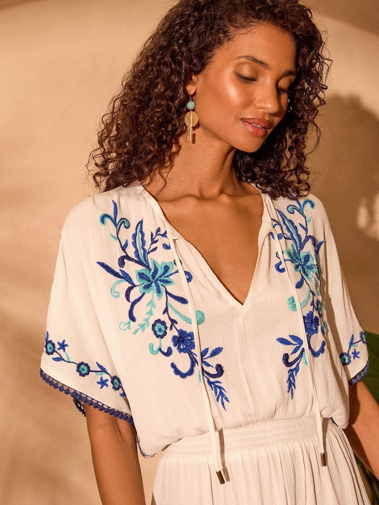 Love & Roses White Embroidred Shirred Waist Kaftan - Image 2 of 4