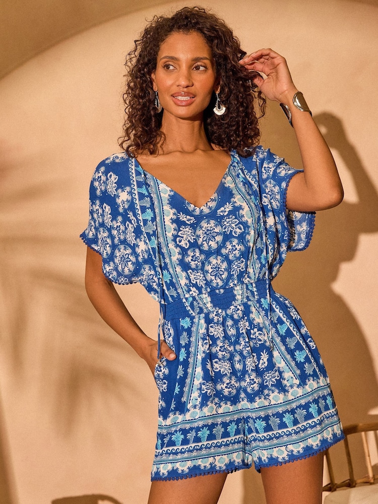 Love & Roses Blue Mosaic Printed Tie Detail Playsuit - Image 1 of 5 Love & Roses Blue Mosaic Printed Tie Detail Playsuit - Image 1 of 5