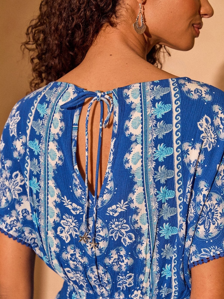 Love & Roses Blue Mosaic Printed Tie Detail Playsuit - Image 5 of 5 Love & Roses Blue Mosaic Printed Tie Detail Playsuit - Image 5 of 5