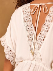 Love & Roses White Mini Lace Trim Tassel Tie Detail Kaftan - Image 2 of 5