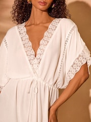 Love & Roses White Mini Lace Trim Tassel Tie Detail Kaftan - Image 4 of 5