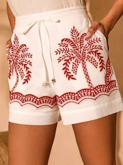 Love & Roses White Cotton Palm Embroidered Beach Shorts - Image 1 of 4