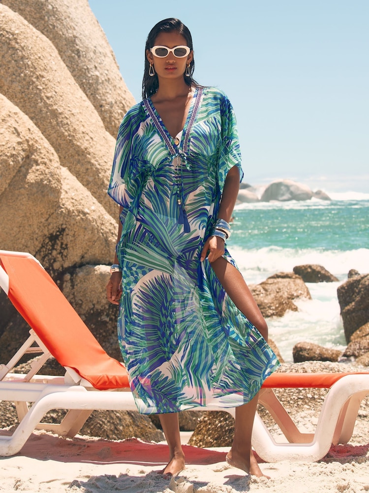 Love & Roses Palm Print Embellished Maxi Kaftan - Imagen 1 de 4