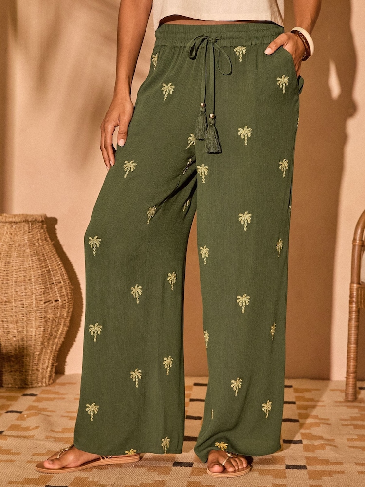 Love & Roses Embellished Palm Tree Beach Trousers - Image 1 of 4