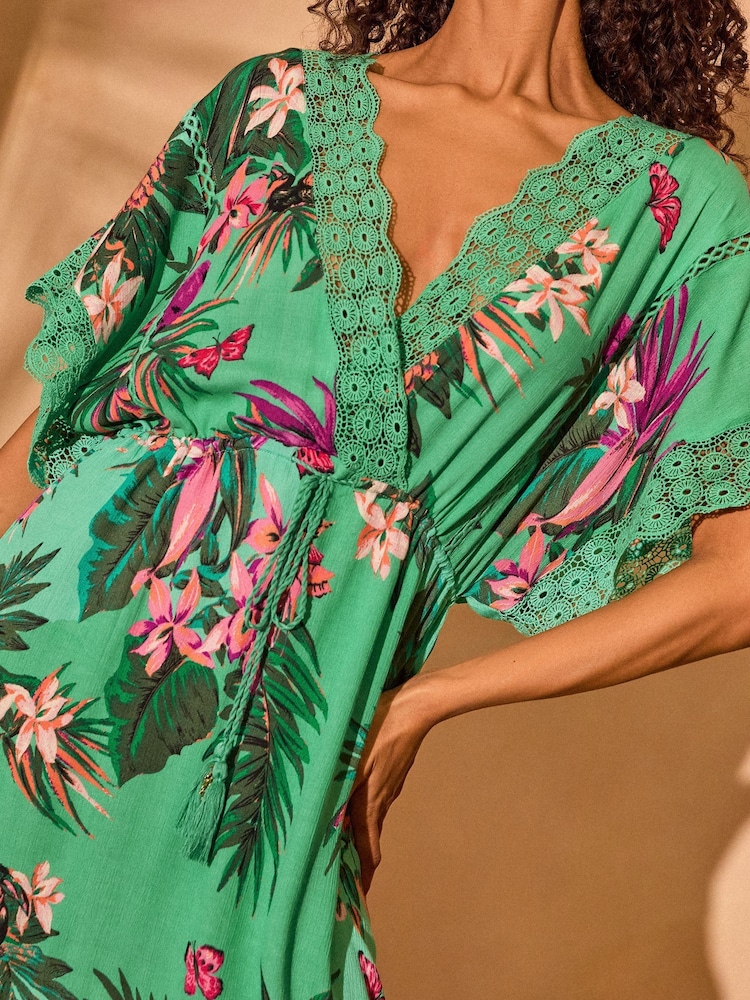 Love & Roses Green Tropical Petite Mini Lace Trim Tassel Tie Detail Kaftan - Image 2 of 5