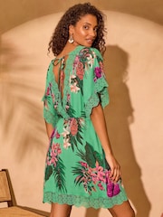 Love & Roses Green Tropical Petite Mini Lace Trim Tassel Tie Detail Kaftan - Image 4 of 5