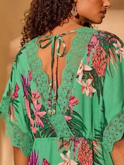 Love & Roses Green Tropical Petite Mini Lace Trim Tassel Tie Detail Kaftan - Image 5 of 5