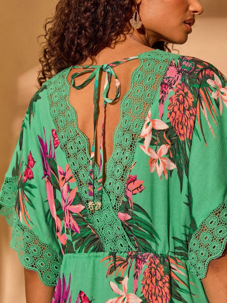 Love & Roses Green Tropical Petite Mini Lace Trim Tassel Tie Detail Kaftan - Image 5 of 5