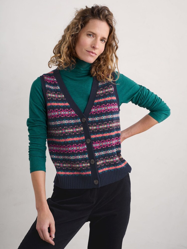 Seasalt Cornwall Black Multi Percella Cove Fairisle Pattern Waistcoat Vest - Image 1 of 5