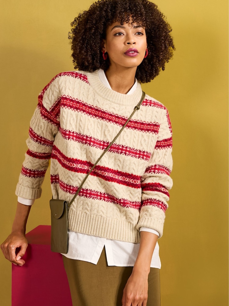 Seasalt Cornwall Red Shepherd Fairisle Pattern Cable Knit Jumper with Lambswool - Image 1 of 8 Seasalt Cornwall Red Shepherd Fairisle Pattern Cable Knit Jumper with Lambswool - Image 1 of 8