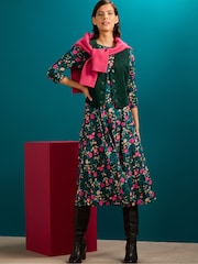 Seasalt Cornwall Green Wild Bouquet 3/4 Sleeve Midi Dress - Image 2 of 7