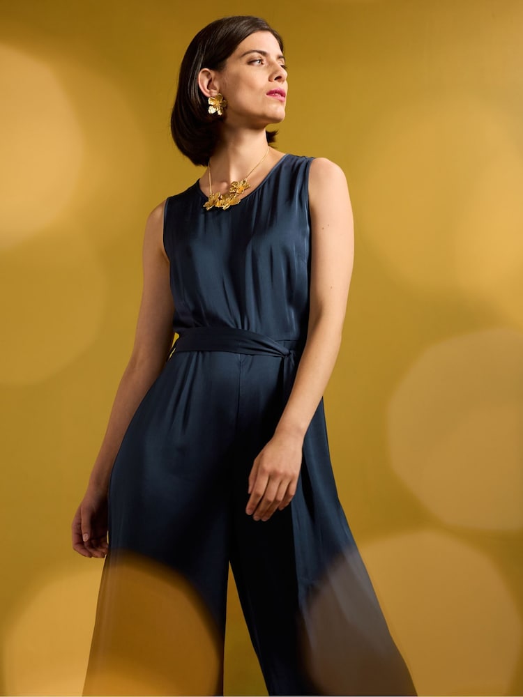 Seasalt Cornwall Blue Winter Honeysuckle Satin Sleeveless Jumpsuit - Image 2 of 6 Seasalt Cornwall Blue Winter Honeysuckle Satin Sleeveless Jumpsuit - Image 2 of 6