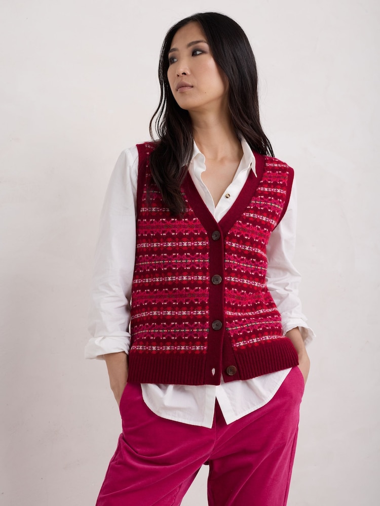 Seasalt Cornwall Red Multi Percella Cove Fairisle Pattern Waistcoat Vest - Image 1 of 5