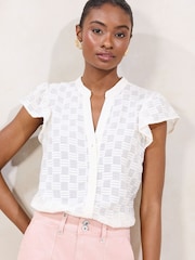 Lipsy White Ruffle Sleeve Button Up Burnout Detail Shirt - Image 1 of 4