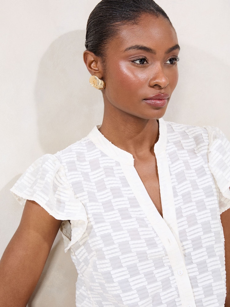 Lipsy White Ruffle Sleeve Button Up Burnout Detail Shirt - Image 2 of 4