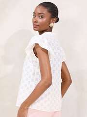 Lipsy White Ruffle Sleeve Button Up Burnout Detail Shirt - Image 4 of 4
