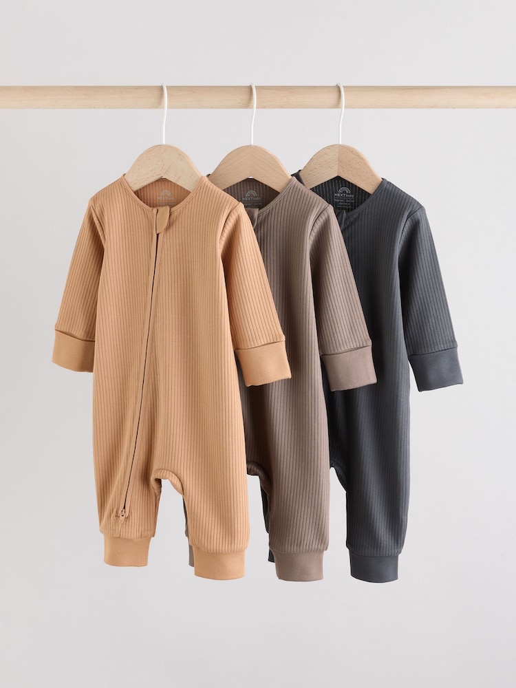 Brown Two Way Zip Baby Footless Sleepsuits 3 Pack (0mths-3yrs) - Image 1 of 12