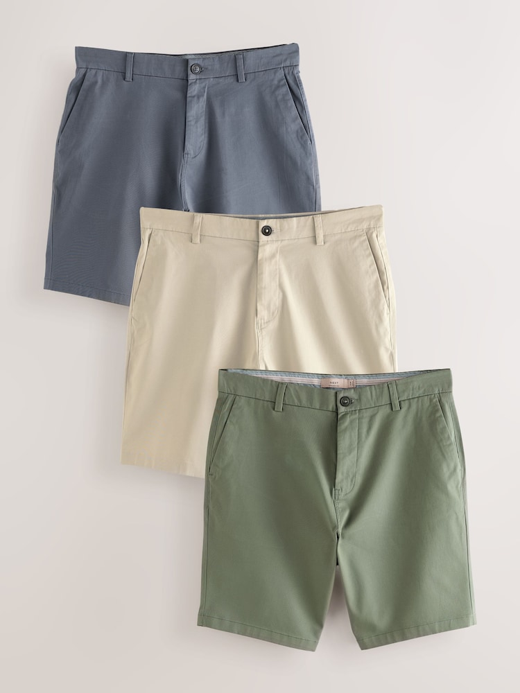 Blue/Bone/Sage Straight Fit Stretch Chinos Shorts 3 Pack - Image 1 of 7