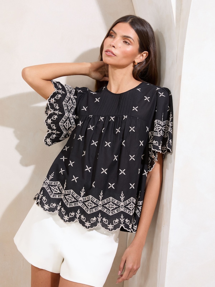 Lipsy Black Broderie Flutter Sleeve T-Shirt - Image 1 of 4