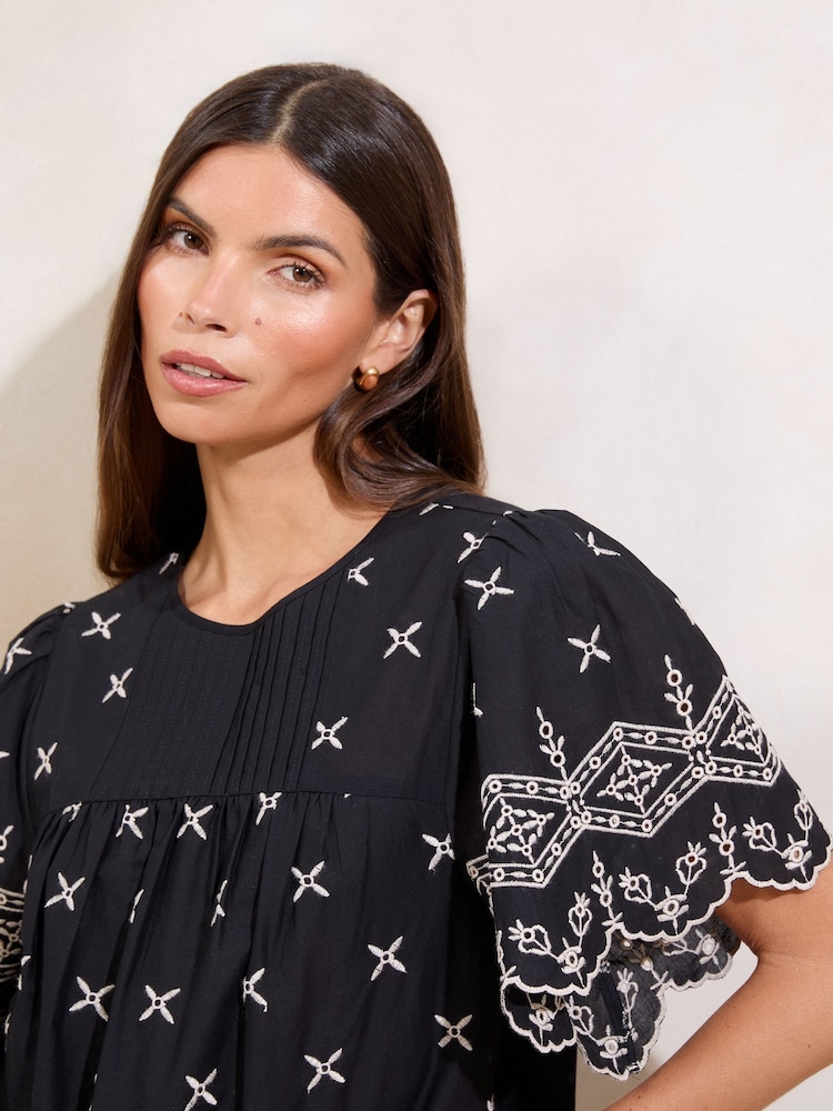 Lipsy Black Broderie Flutter Sleeve T-Shirt - Image 2 of 4