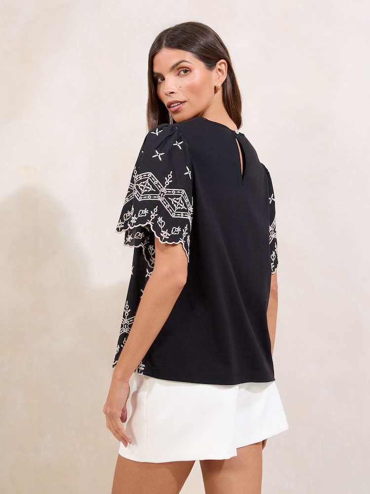 Lipsy Black Broderie Flutter Sleeve T-Shirt - Image 4 of 4 Lipsy Black Broderie Flutter Sleeve T-Shirt - Image 4 of 4