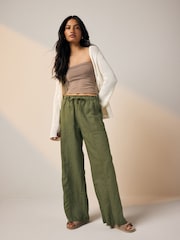 Khaki Green Wide Leg Pull-On Linen Blend Trousers - Image 1 of 7
