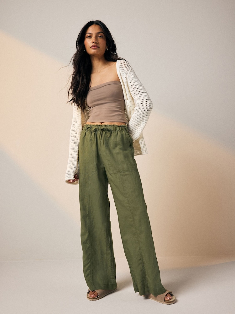 Khaki Green Wide Leg Pull-On Linen Blend Trousers - Image 1 of 7