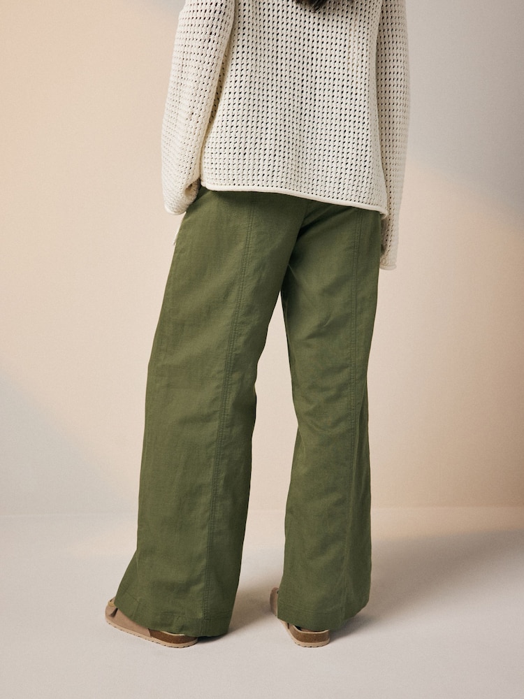 Khaki Green Wide Leg Pull-On Linen Blend Trousers - Image 2 of 7
