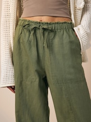 Khaki Green Wide Leg Pull-On Linen Blend Trousers - Image 3 of 7