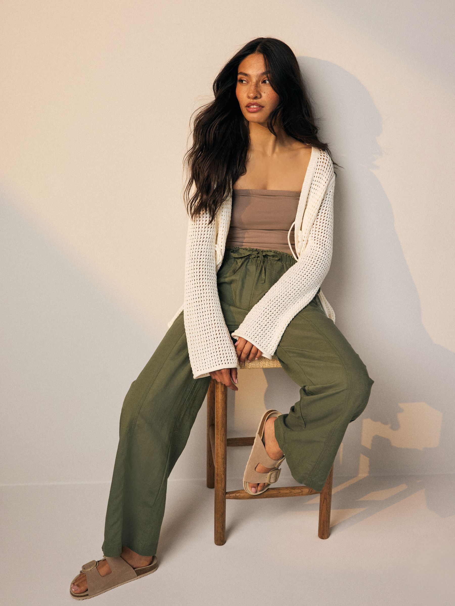 Buy Khaki Green Wide Leg Pull-On Linen Blend Trousers from Next USA