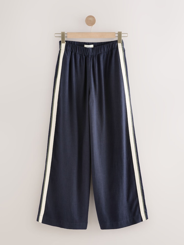 Navy Side Stripe Wide Leg Linen Rich Trousers - Image 1 of 8