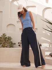 Navy Side Stripe Wide Leg Linen Rich Trousers - Image 2 of 8