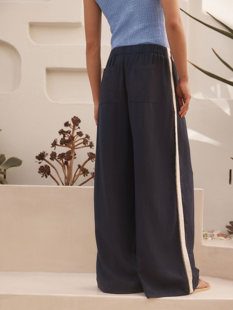 Navy Side Stripe Wide Leg Linen Rich Trousers - Image 4 of 8