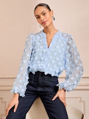 Love & Roses Blue 3D Floral Print V-Neck Long Sleeve Blouse - Image 1 of 4