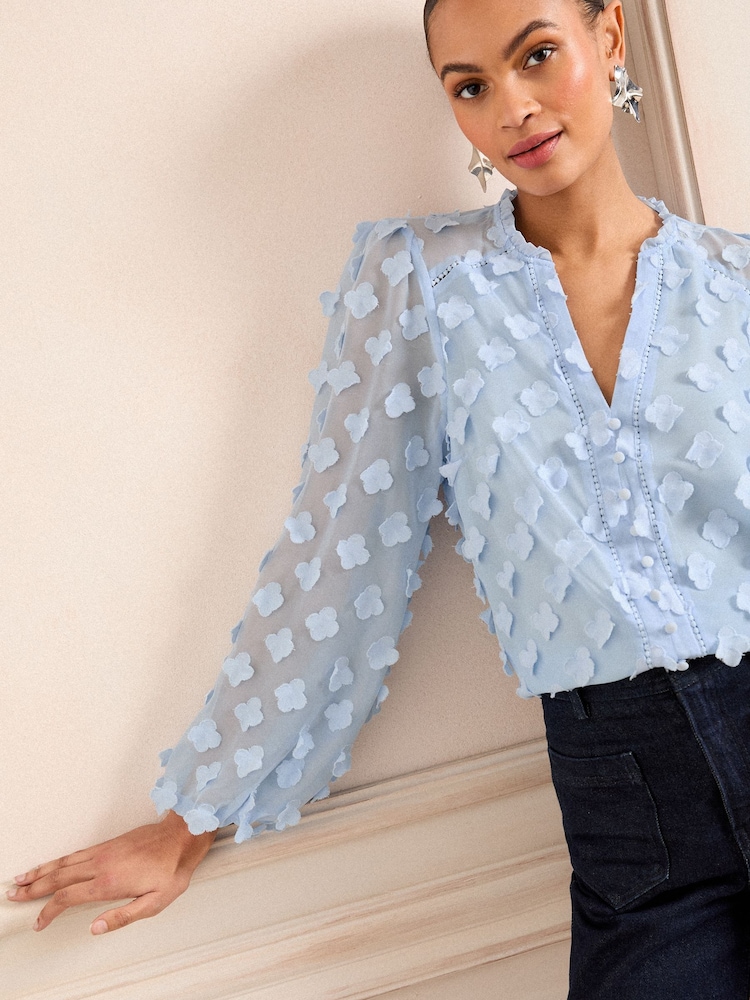 Love & Roses Blue 3D Floral Print V-Neck Long Sleeve Blouse - Image 2 of 4