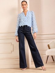 Love & Roses Blue 3D Floral Print V-Neck Long Sleeve Blouse - Image 3 of 4