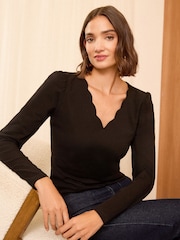 Love & Roses Black Scallop Neck Jersey Long Sleeve Top