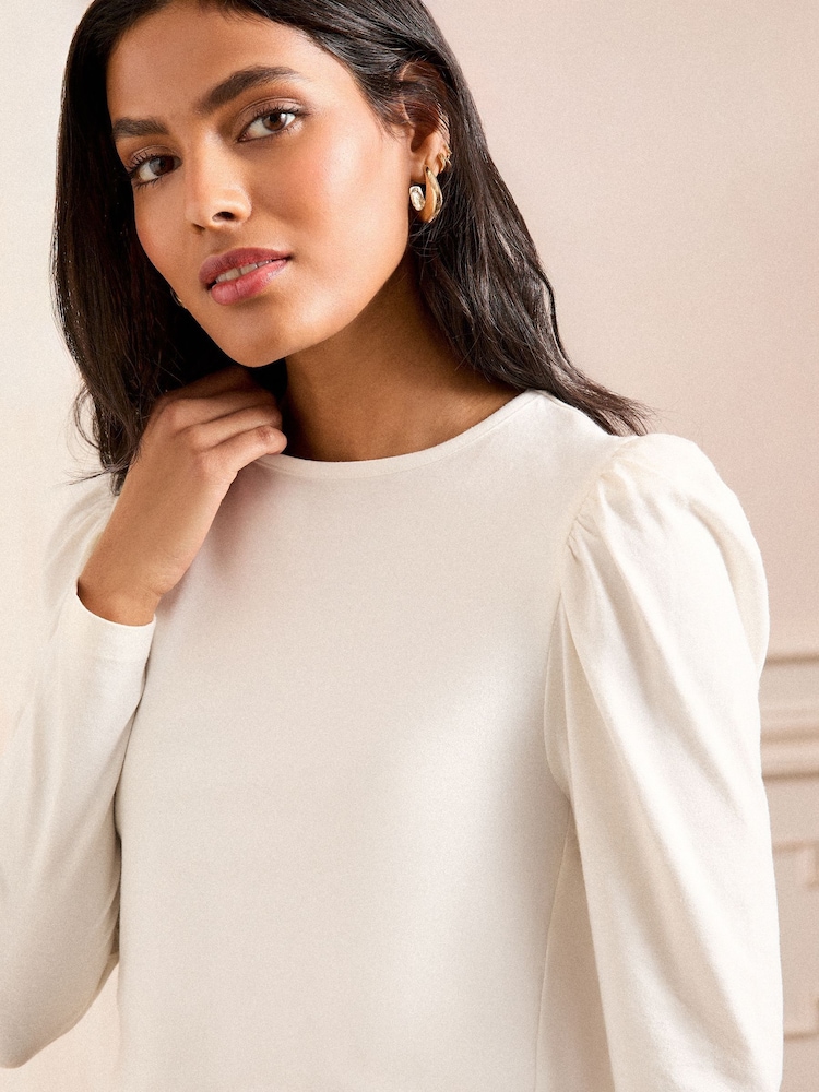 Love & Roses White Ecru Puff Sleeve Jersey Long Sleeve Top - Image 2 of 4