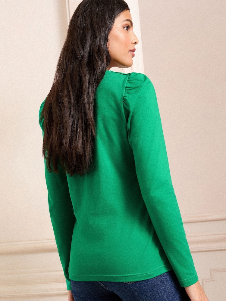 Love & Roses Bright Green Scallop Neck Jersey Long Sleeve Top - Image 4 of 4