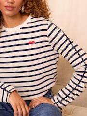 Love & Roses Navy and White Embroidered Stripe Jersey Long Sleeve 100% Cotton Top - Image 2 of 4