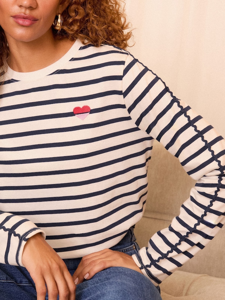 Love & Roses Navy and White Embroidered Stripe Jersey Long Sleeve 100% Cotton Top - Image 2 of 4