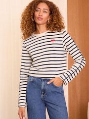 Love & Roses Navy and White Embroidered Stripe Jersey Long Sleeve 100% Cotton Top - Image 3 of 4