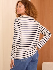 Love & Roses Navy and White Embroidered Stripe Jersey Long Sleeve 100% Cotton Top - Image 4 of 4