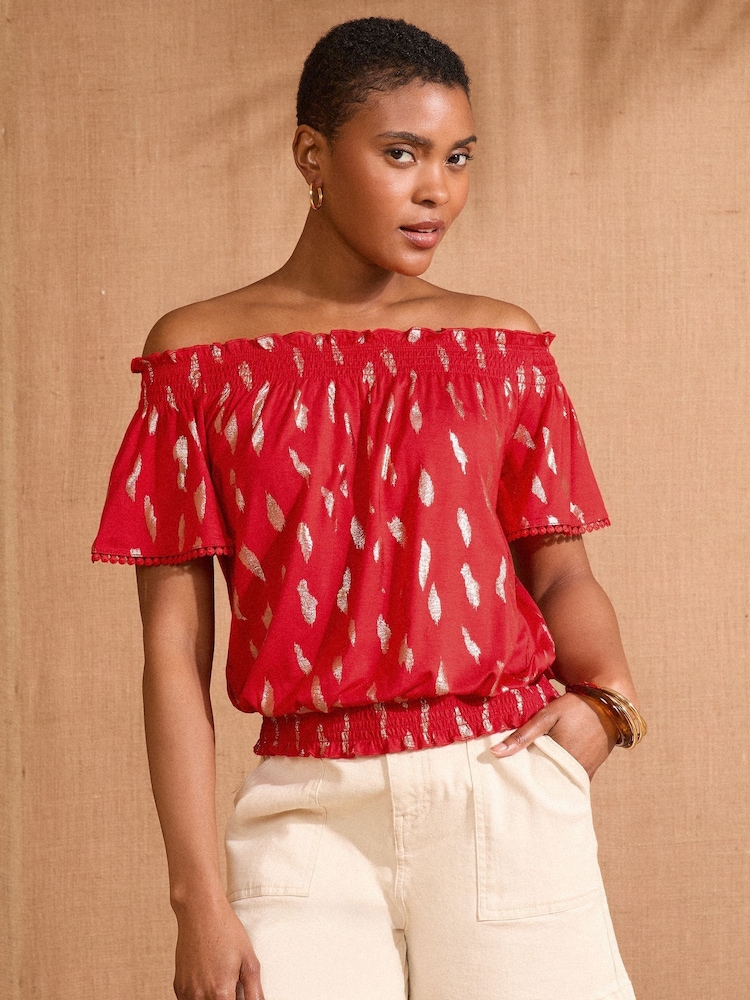 Love & Roses Red Foil Bardot Jersey Top - Image 1 of 4