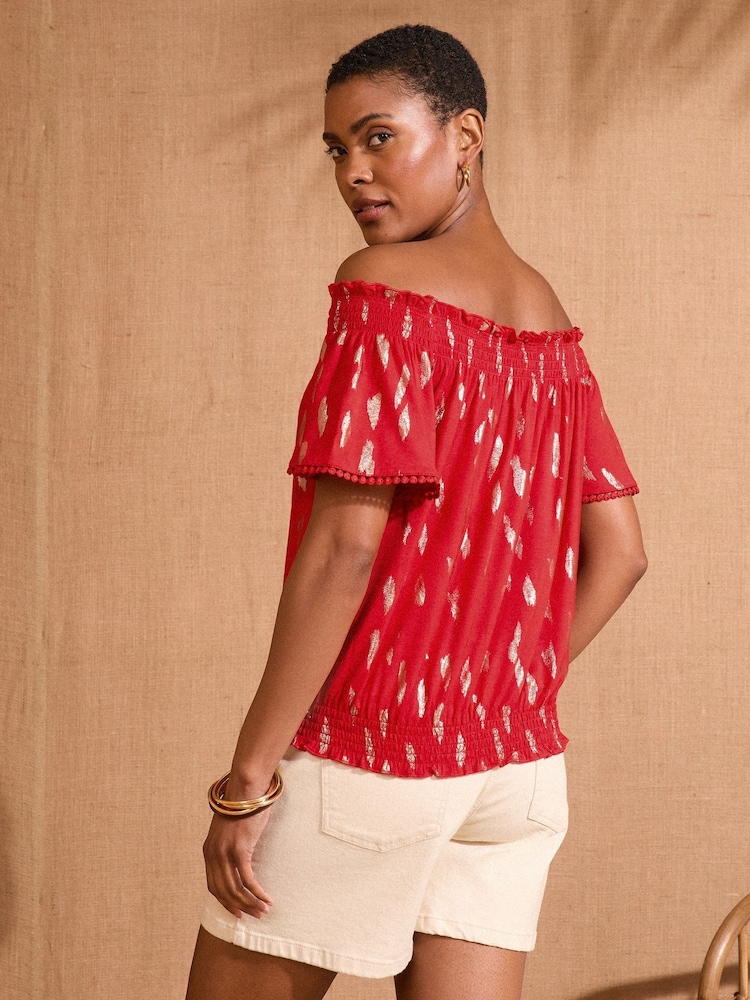 Love & Roses Red Foil Bardot Jersey Top - Image 4 of 4
