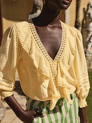 Love & Roses Buttermilk Yellow Texture Ruffle Detail 3/4 Sleeve Blouse - Image 2 of 4