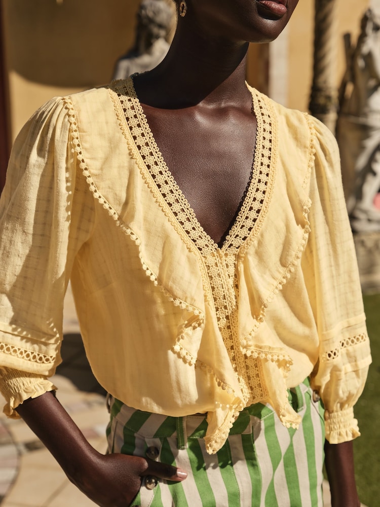 Love & Roses Buttermilk Yellow Texture Ruffle Detail 3/4 Sleeve Blouse - Image 2 of 4