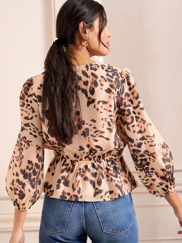 Love & Roses Neutral Animal V-Neck Tie Detail 3/4 Sleeve Peplum Top - Image 4 of 4